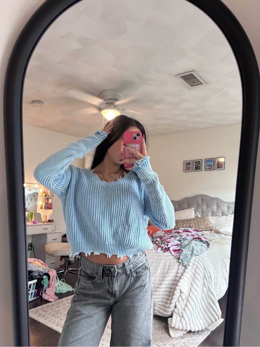 miami Light Blue Ribbed V-Neck Cropped Sweater